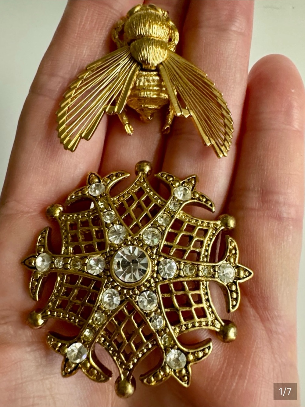 2 Vintage Monet Gold-Tone Bee and Gold Filigree Crystal Brooches